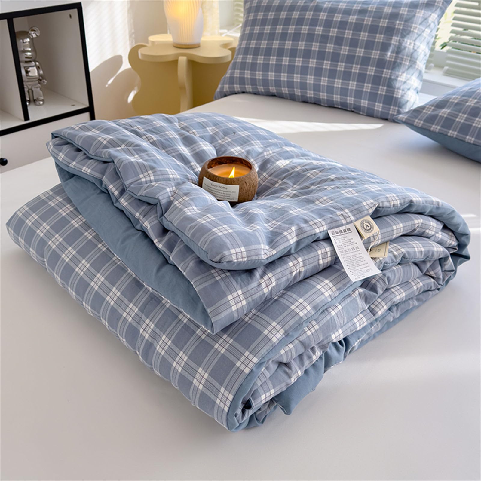 Chickwin Gingham Plaid Quilted Bedspread, Microfibre Soft Warm Quilt Bedspread Reversible Bed Coverlet Bed Quilt Throw Single Double King Size, Bedroom Decor/All Season (Blue,150x200cm)