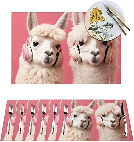 6 PCS PVC Placemats Set Place Mats Alpaca Listening to Music Non-Slip Weave Place Mats 12" x 18" Farmhouse Durable Table Mat Set for Family Dinners