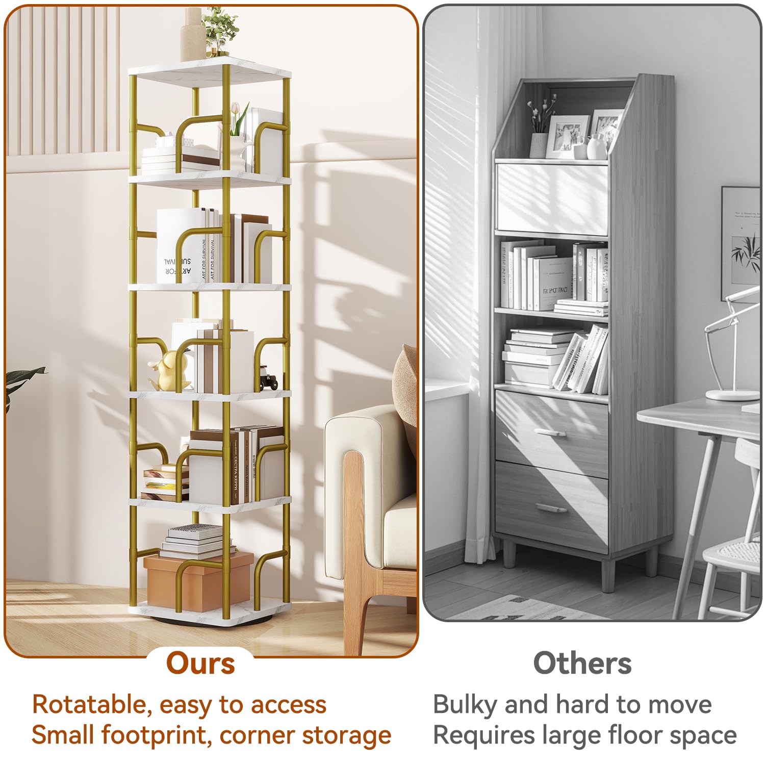 IBUYKE Librerias Girevole a 5 Ripiani,Libreria Verticale,Girevole a 360° con Display,Libreria da Pavimento,Scaffale in Piedi Multifunzionale per Camera da Letto, Soggiorno,Bianco,TBC005GW