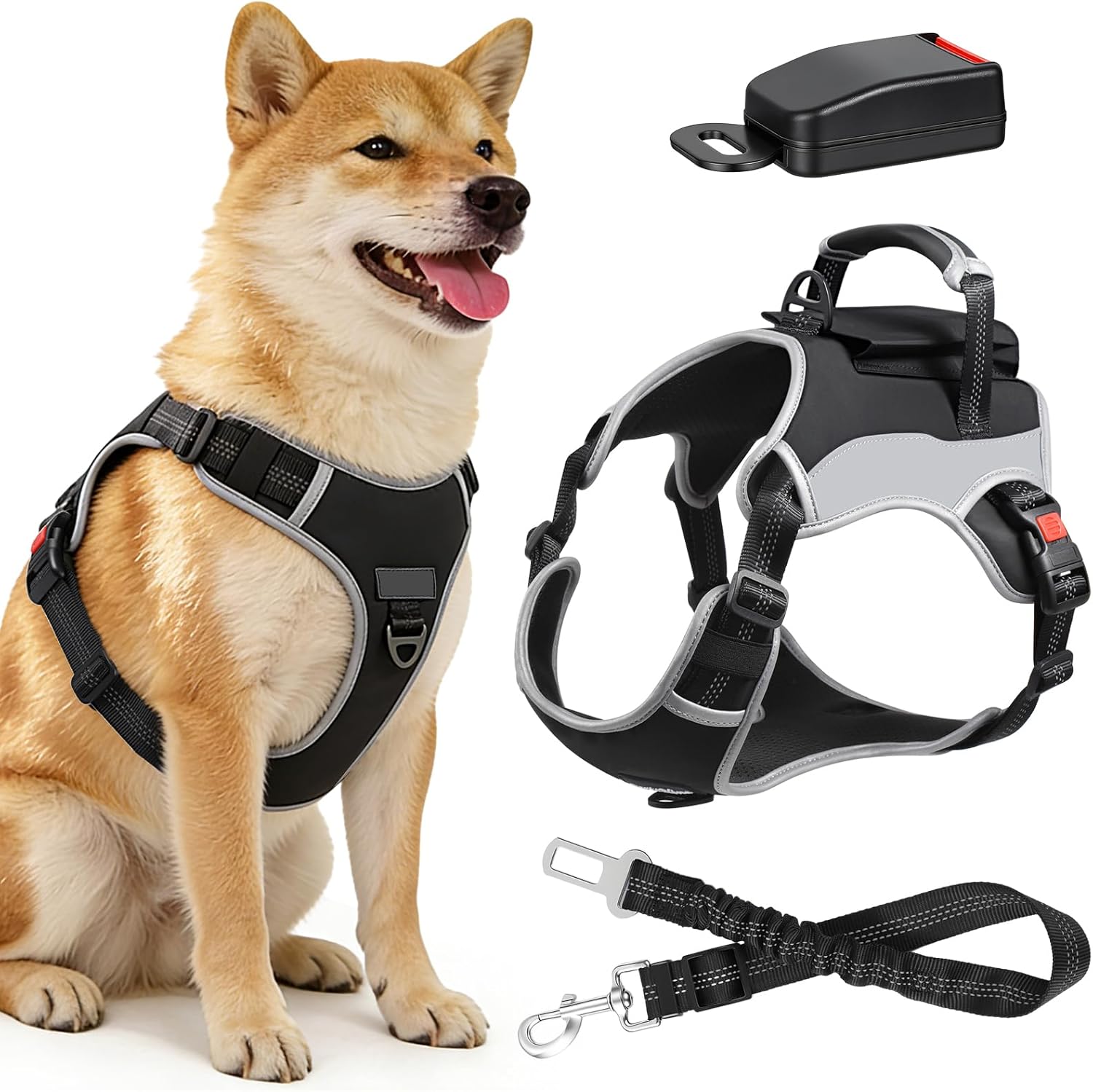 PartsBling Dog Car Harness with Seat Belt Attachment, No Pull Adjustable Dog Vest Harness with Leash, Breathable Mesh Padding, Reinforced Control Handle for Walking, Hiking, Training & Car Travel, L