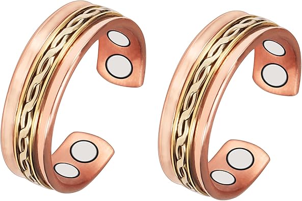 2PCS Pure Copper Magnetic Rings for Women,Magnetic with Magnets Jewelry Tri Tone Copper Ring Adjustable Size