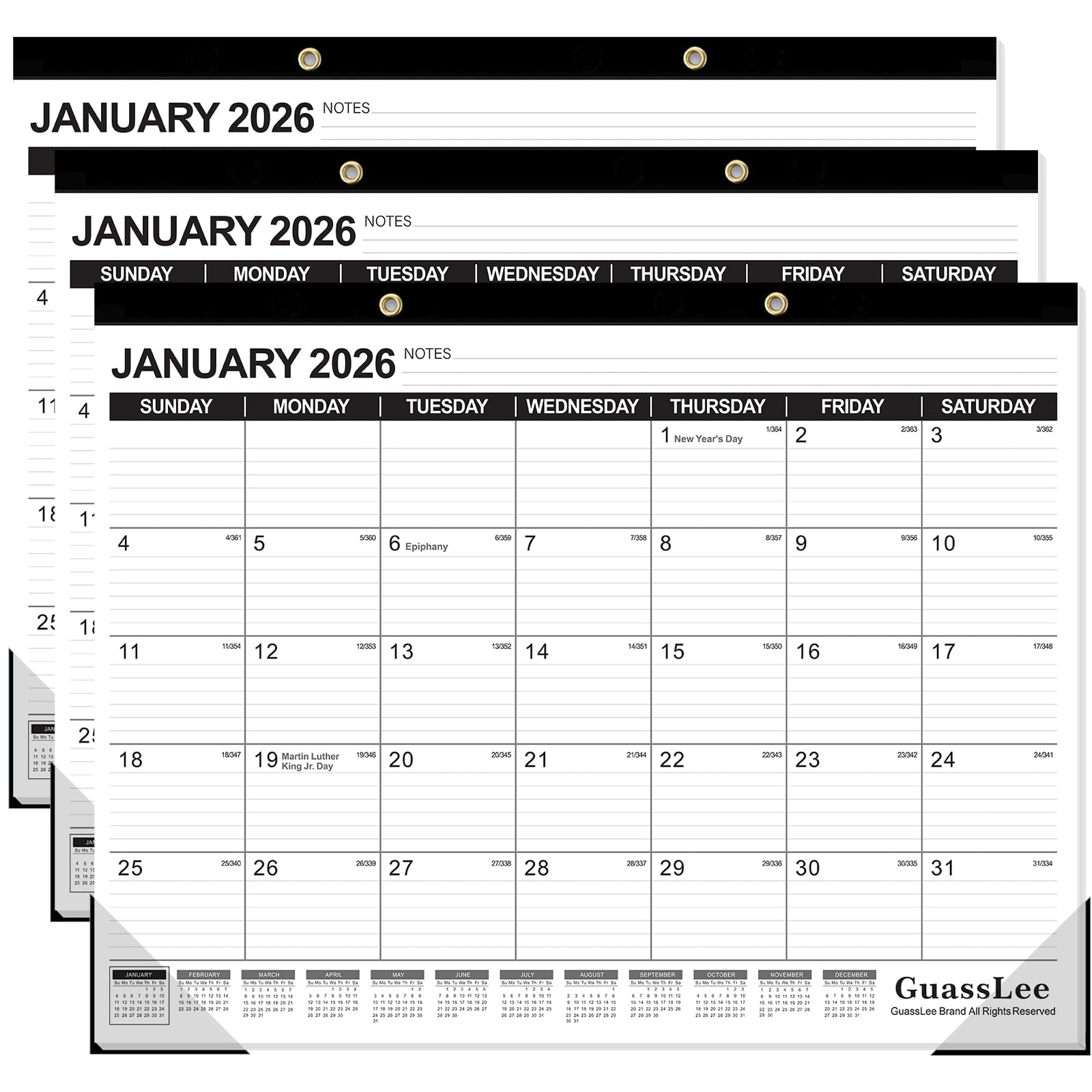 GuassLee Large Desk Calendar 2026, 3 Packs, 18 Months from Jan. 2026 to Jun. 2027, 22" x 17" Desk/Wall Calendar Hanging Planner with Julian Date, Notes, Corner Protectors for School Home Office