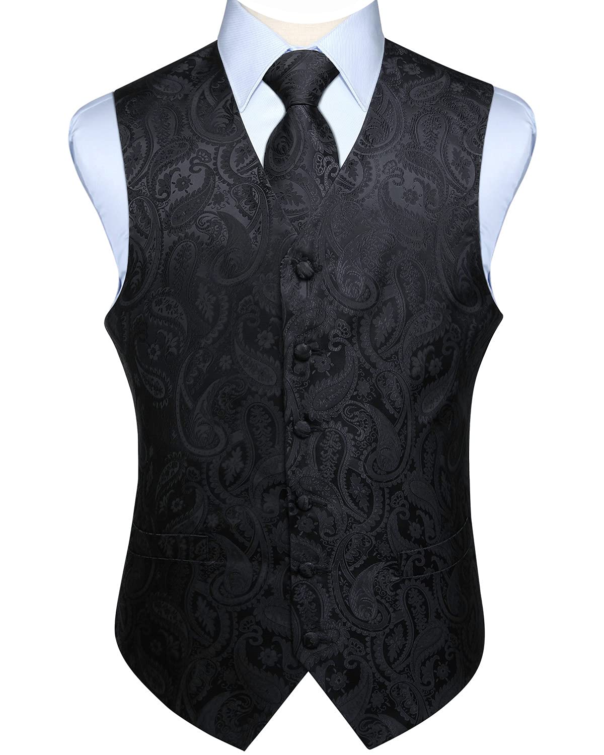 Enlision Men's Black Paisley Floral Wedding Party Jacquard Waistcoat&Necktie And Pocket Square Vest Suit Set, Xl(Chest Size 48Inches),