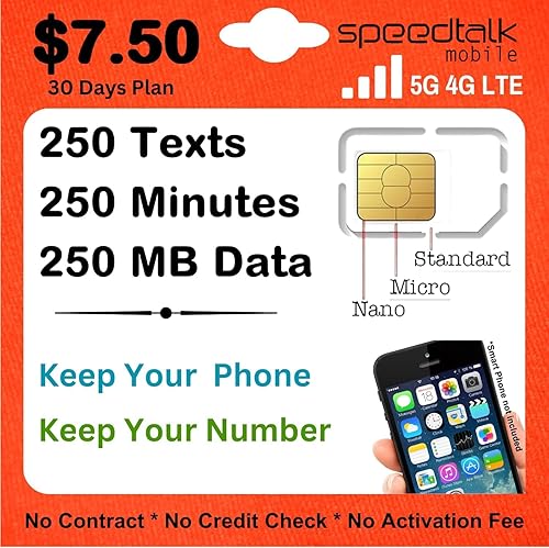 SpeedTalk Mobile Kit de tarjeta SIM para teléfonos inteligentes y teléfonos celulares  Plan mensual de $7.50 - 250 textos (SMS) + 250 minutos