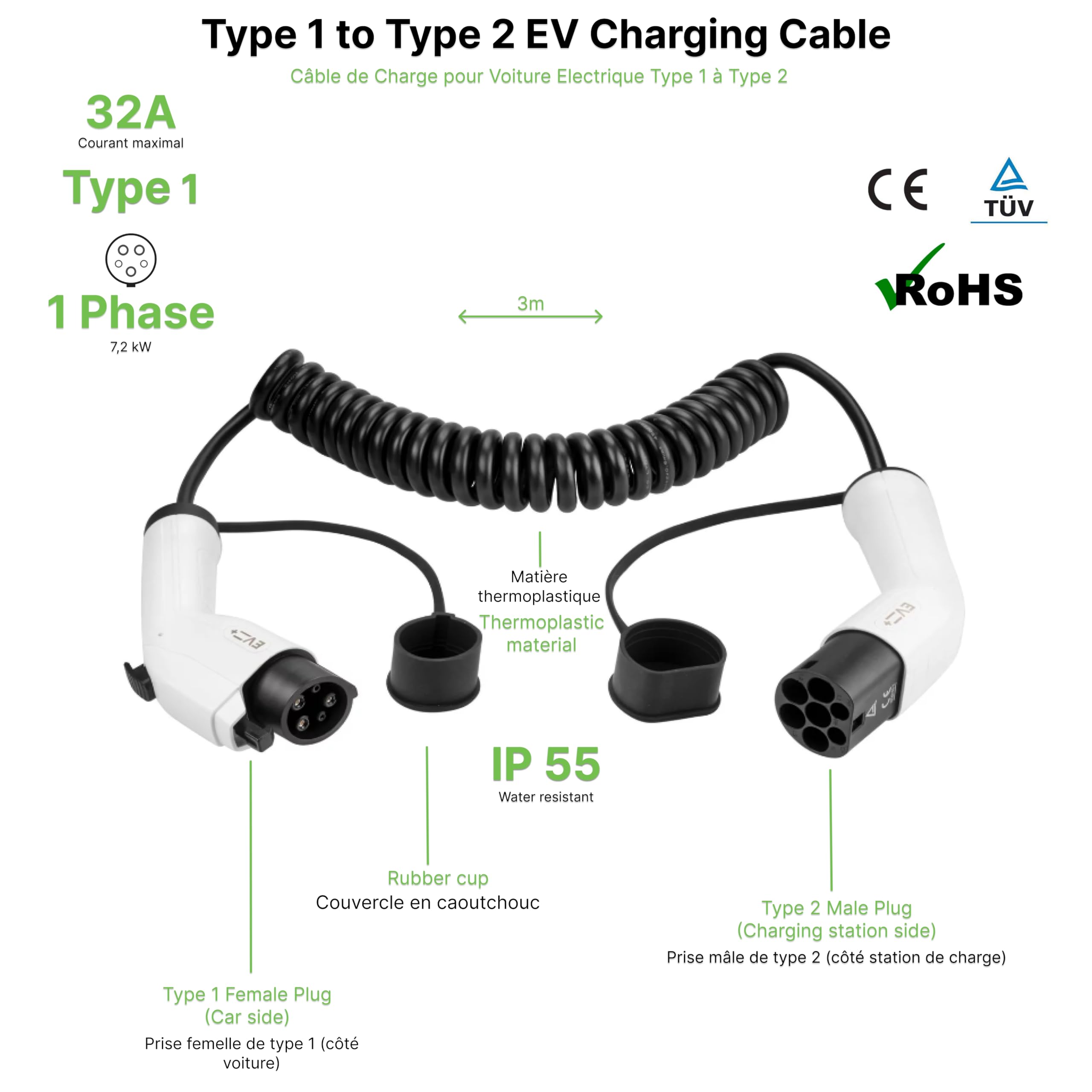 EV + Cable de carga para vehículo eléctrico - Tipo 1 a Tipo 2 de 3 metros PHEV Cable de carga - 1 fase 32A (7,2 kW) Negro en espiral - Bolsa de transporte gratis CE IP55