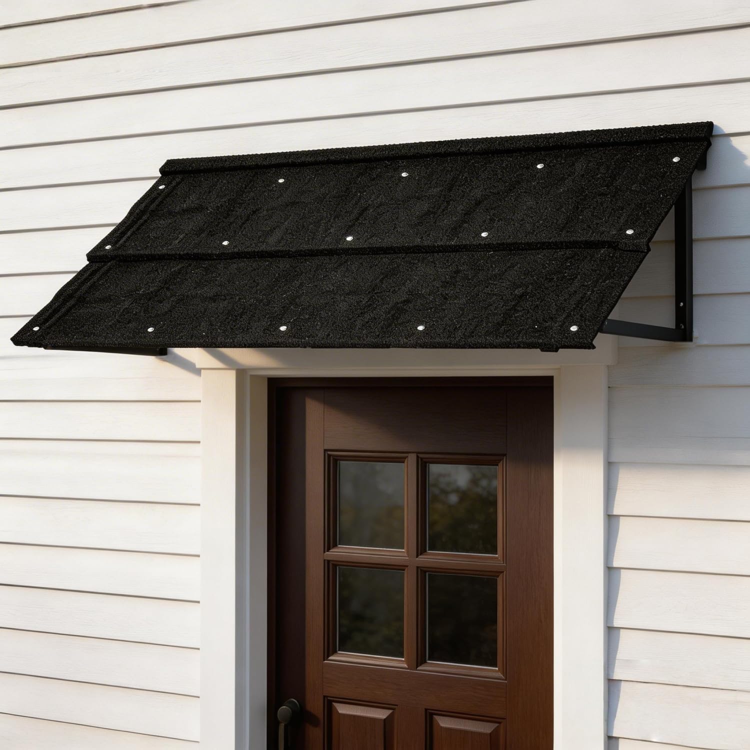 52" x 31" Fixed Metal Awnings, Window Canopy with Triangle Steel Frame, Tile Shaped Door Awning for Porches, Door Entrance, Windows, Patios and Balconies (Black)