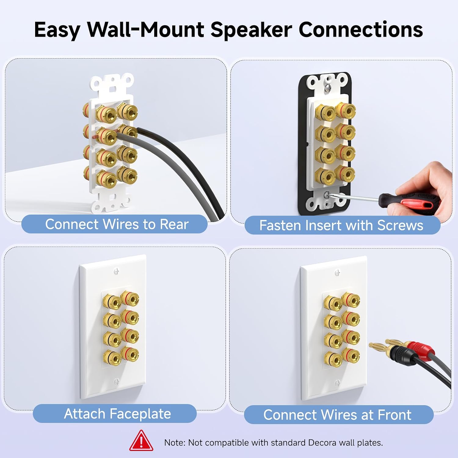 Cable Matters Speaker Wire Wall Plate, Gold Plated Speaker Wall Plate with Banana Plug Binding Post for 4 Speakers, White