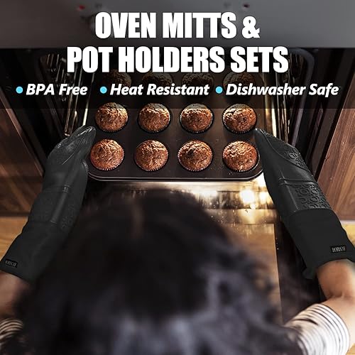 Miniatura 44 de Rorecay Juego de 6 manoplas de horno y soportes para ollas, guantes de silicona extra largos para cocina, resistentes al calor, 500 grados, Milkshake