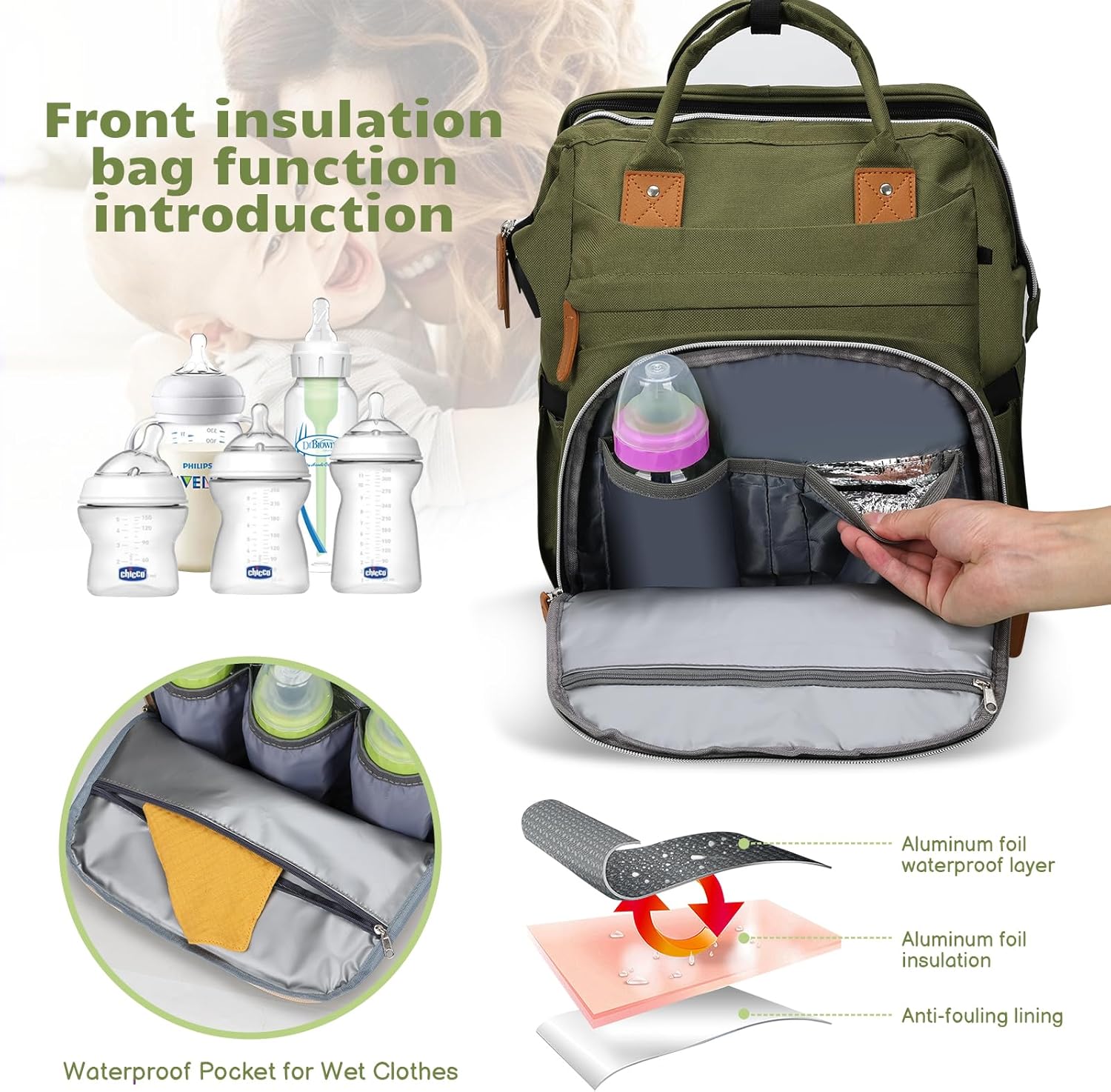 Diaper Bag Backpack for New Parents, Large Capacity Baby Travel Bag with Bottle Holders, Multiple Compartments (Green)