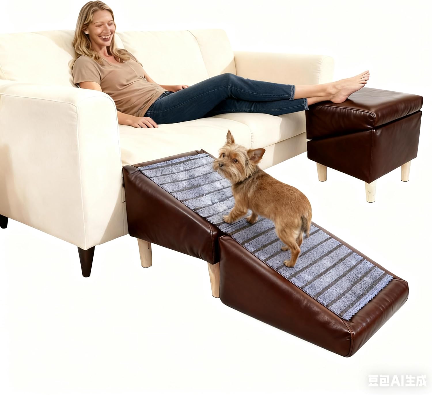 Dog Stairs for Small Dogs, Dog Stairs for Couch& Bed, Non-Slip Foldable 2-in-1 Pet Steps for Cats, Leather Ottoman (Brown, Large, 1.0)