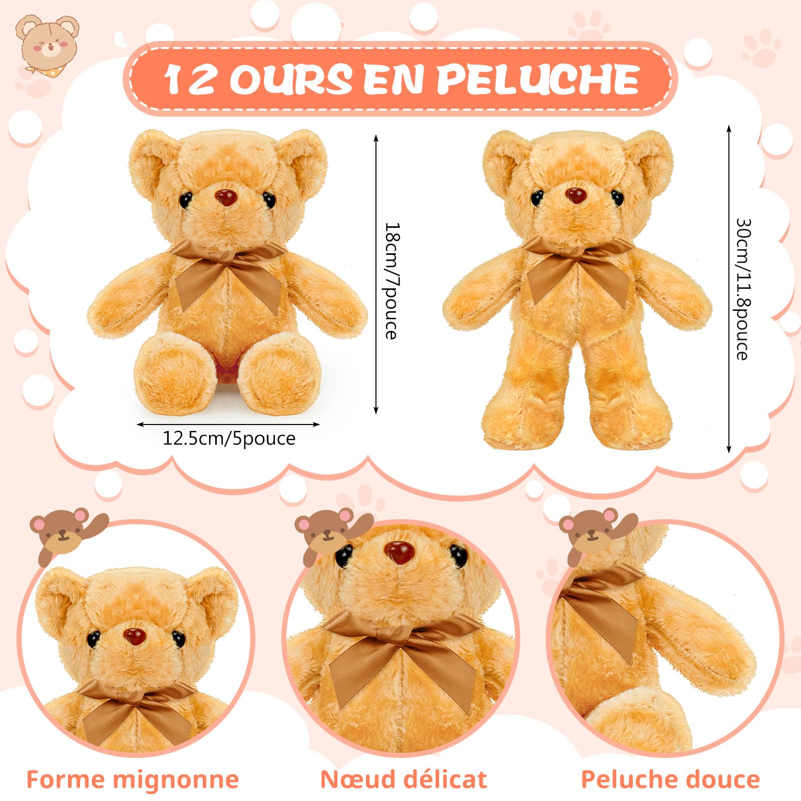 Lot de 12 Ours en Peluche Brun Clair 30 cm avec Nœud Papillon