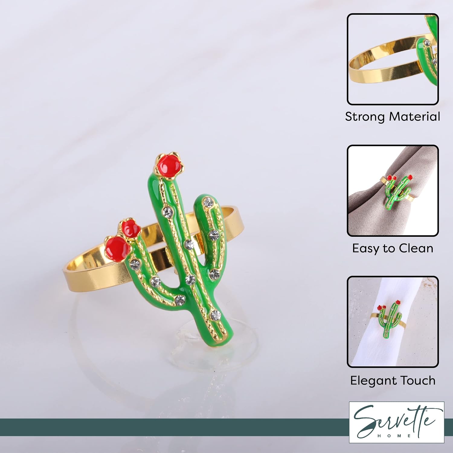 Gold Napkin Rings Set of 10 Green Cactus