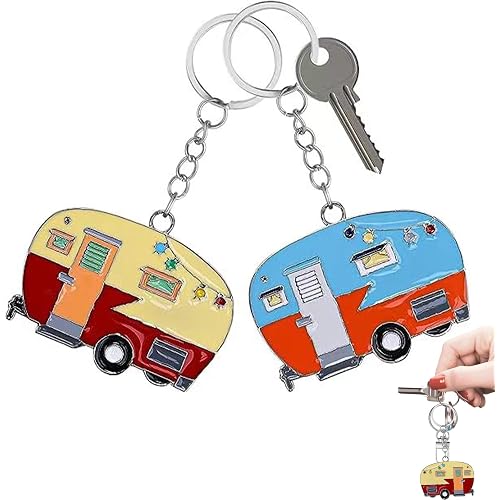 2 Pack Camper Keychain Set Happy RV Camper Keyring Couples Camping Accessories for Men Women Travel Trailers
