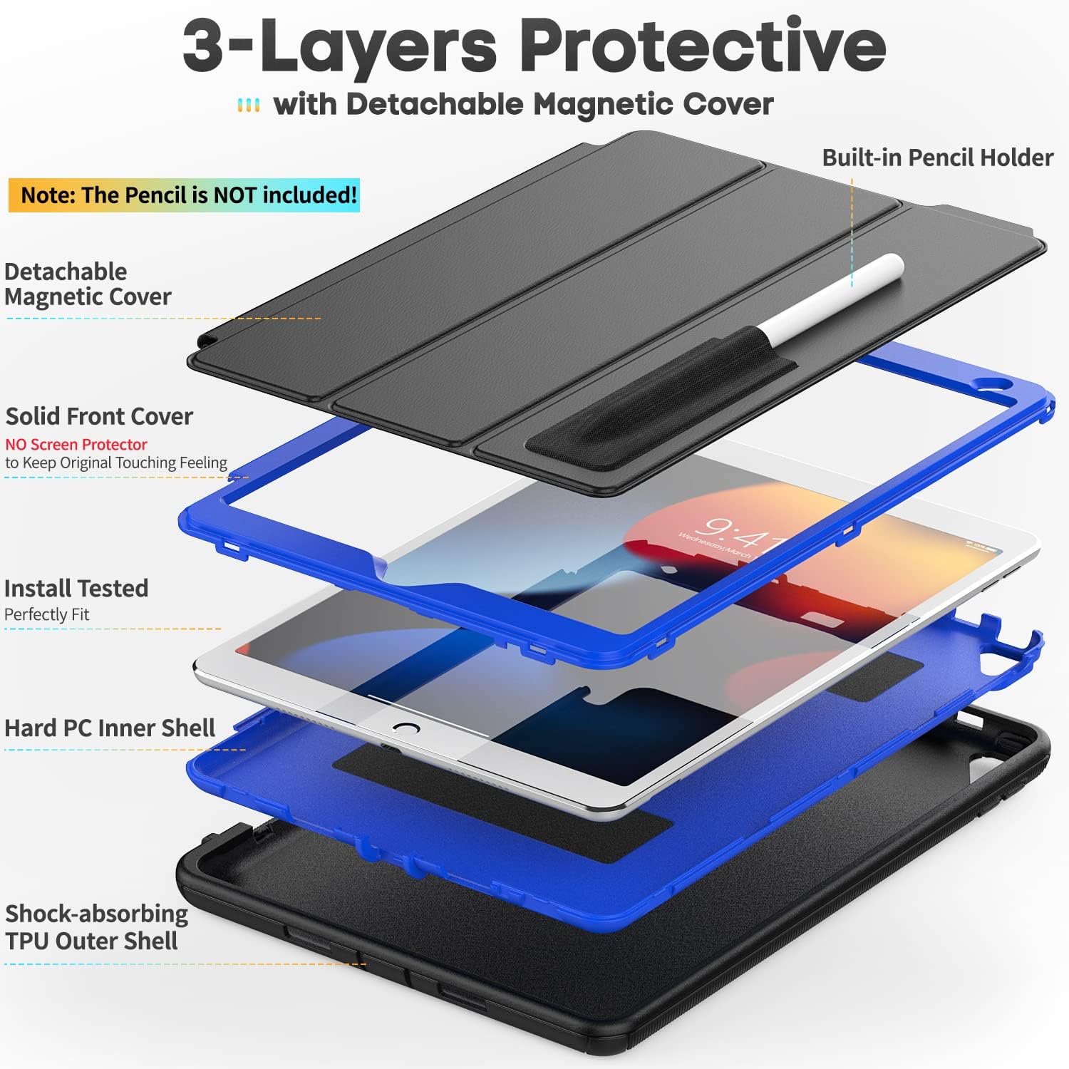 SEYMAC stock iPad 9th/8th/7th Generation Case, Shockproof iPad 10.2 Case with Pencil Holder Folio Stand &Detachable Magnetic Cover, Auto Sleep/Wake iPad 10.2 Inch Cover 2021/2020/2019(Black/Blue)