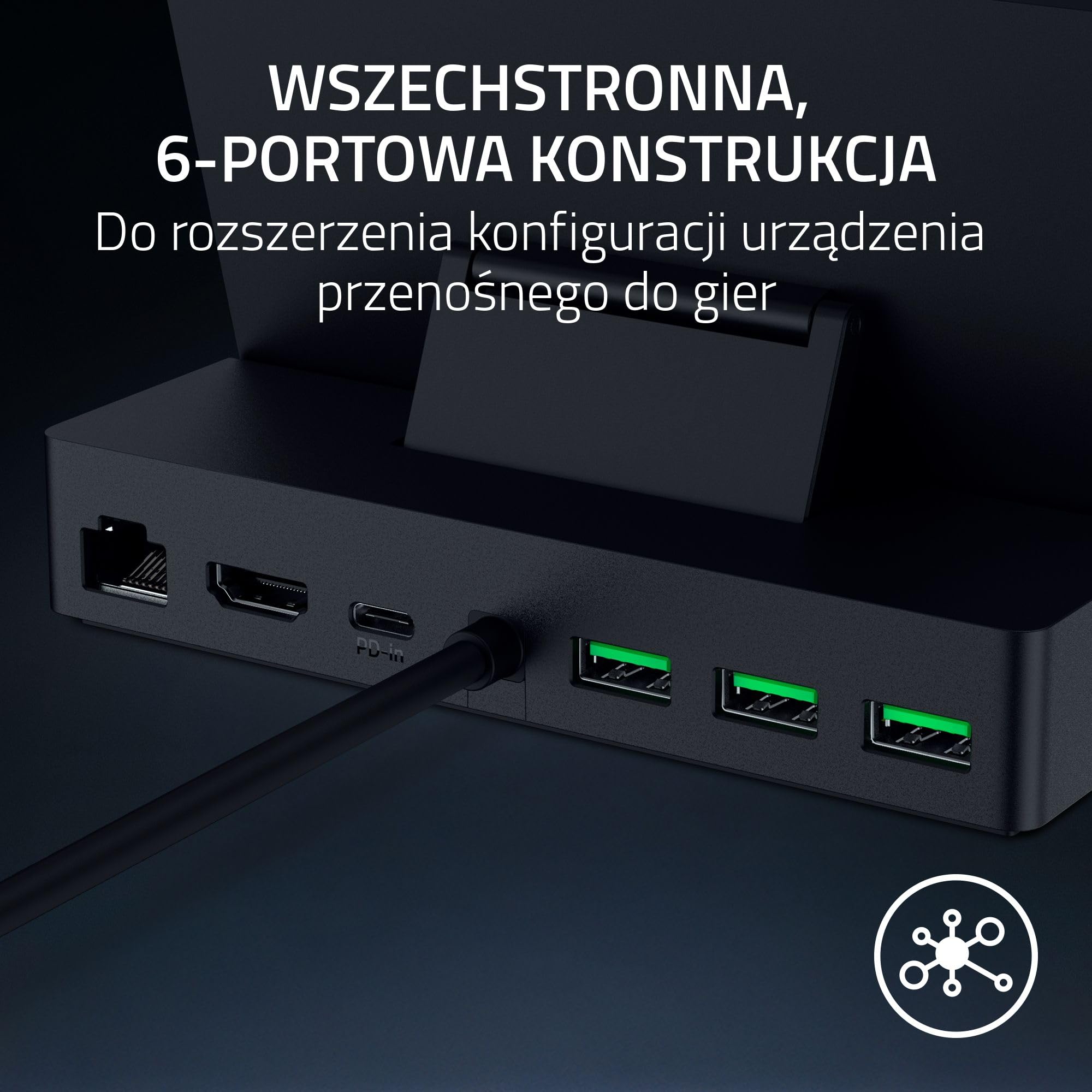 Razer Handheld Dock Chroma - 6-portowy koncentrator HDMI i USB do ładowania mobilnych urządzeń do gier lub tabletów (3x USB A, 1x HMDI, 1 USB-C 100W Passthrough Charging, 1x GbE) Czarny