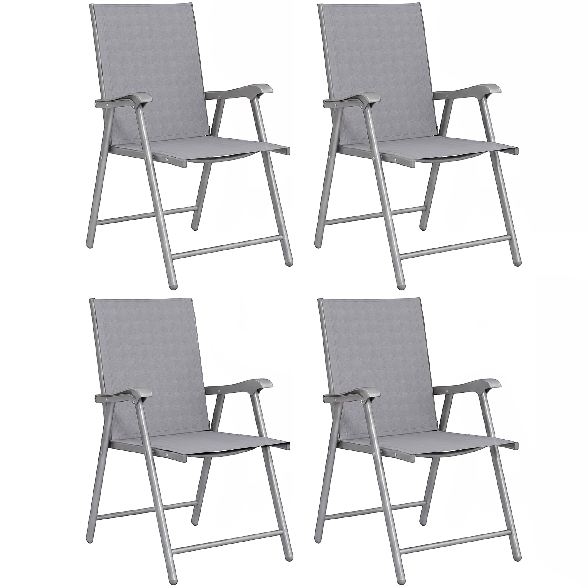 Outsunny Pack de 4 Sillas de Camping Plegables, Sillas de Jardín Exterior con Respaldo Alto y Reposabrazos, Tela Textilene Transpirable y Marco de Acero para Terraza, Playa, 58x62x97 cm, Gris Claro