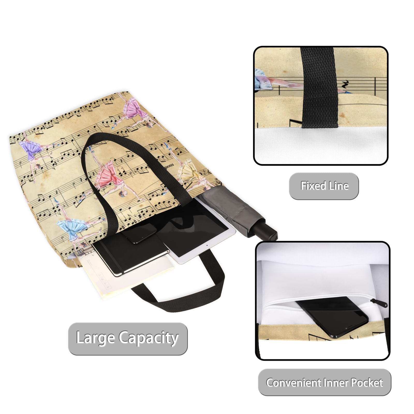 Musical Notes Dance Large Capacity Canvas Tote Bag Stylish Handheld Shoulder Bag Reusable Shopping Bag for Work Travel Beach Trips Shopping