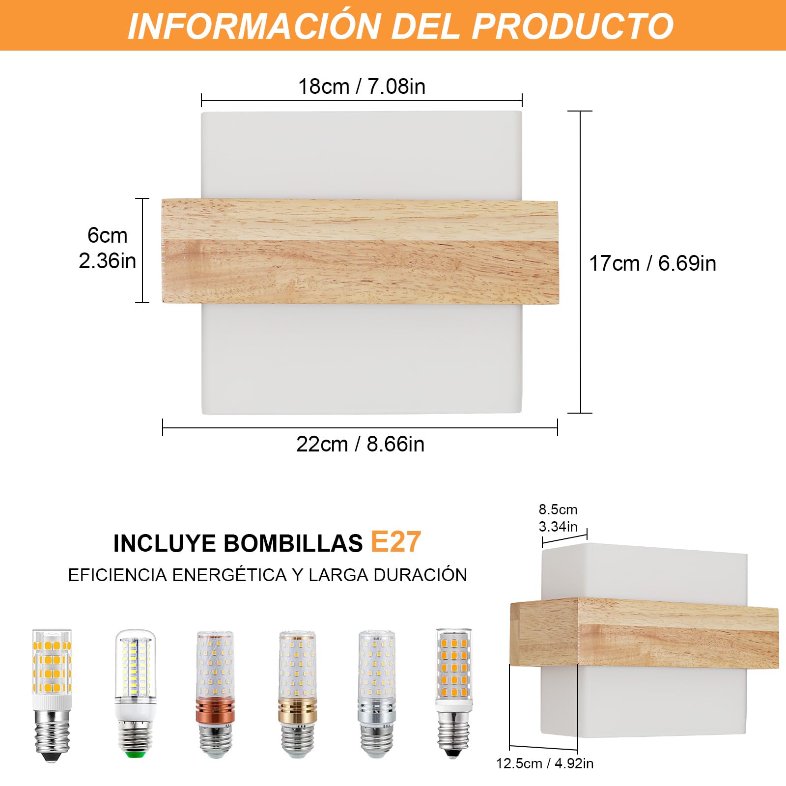 Toolight Aplique de Pared Madera Vidrio 12W E27 3000-6500K Salón Dormitorio