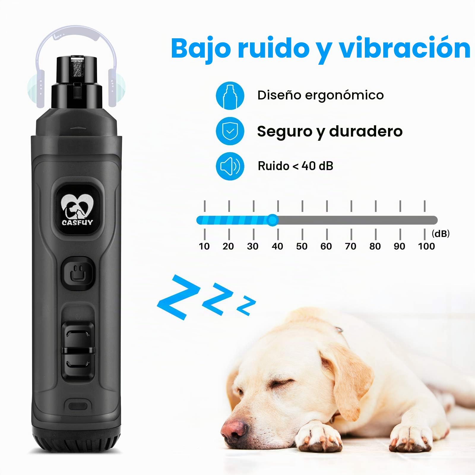 Casfuy Lima de Uñas Eléctrica para Perros con 2 Luces LED - Potente Cortador de uñas eléctrico para Mascotas de 2 velocidades Cuidado y alisado de Patas para Perros y Gatos de Todos los tamaños