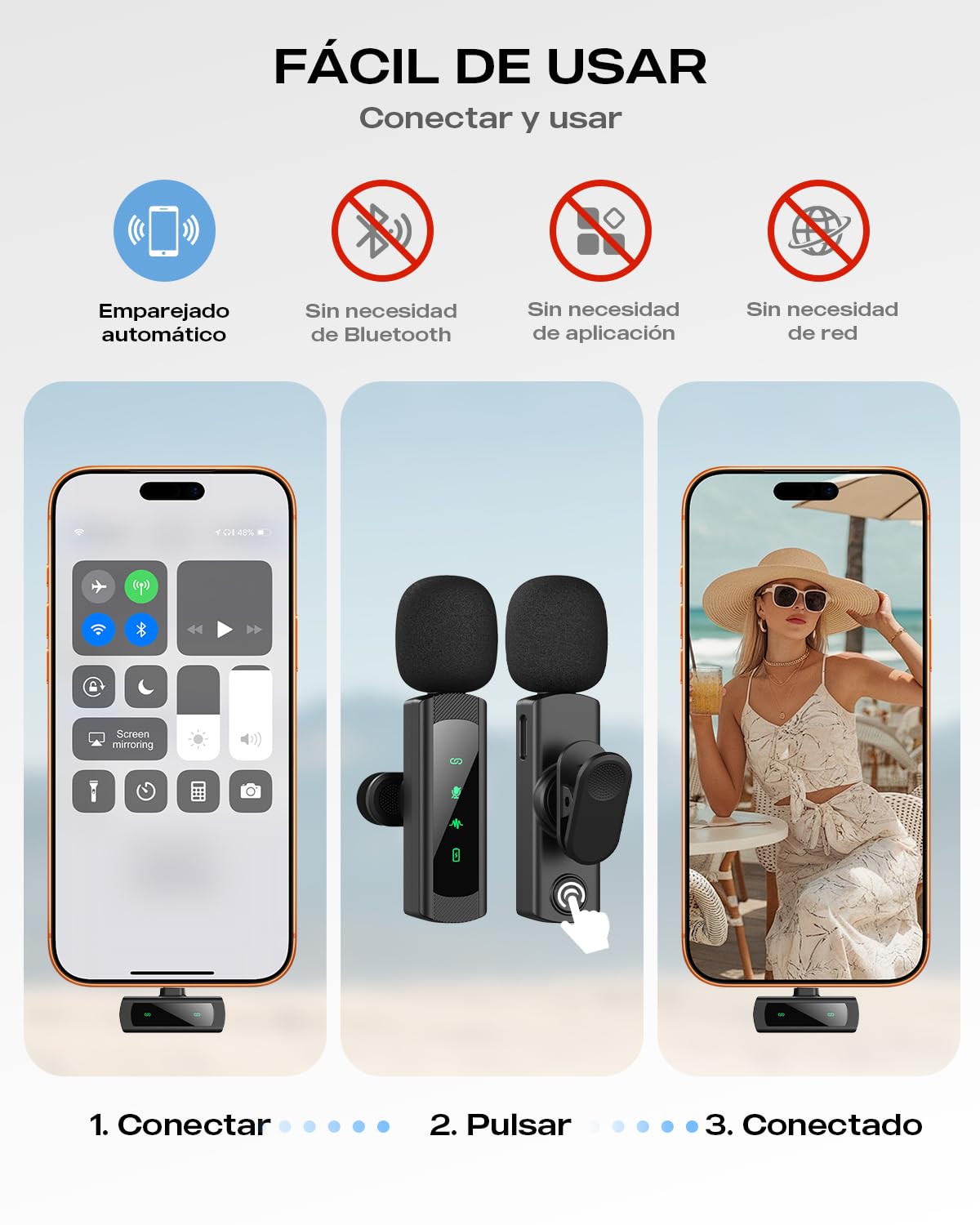 2 Pack Micrófono Inalámbrico Solapa para iPhone, iPad y Android, Micrófono de Clip con Reducción de Ruido para Grabación Vídeo, Plug & Play, Sonido Cristalino, TikTok, Youtube, Vlog