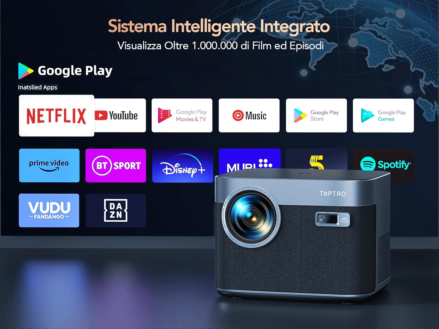 Proiettore 4K Supporta【Android TV & Auto Focus/Keystone】Videoproiettore WiFi Bluetooth, 700 ANSI TOPTRO Proiettore Full HD 1080P Nativo Home Cinema con Zoom Anti polvere per Telefono HDMI USB Ethernet nero - Immagine 2