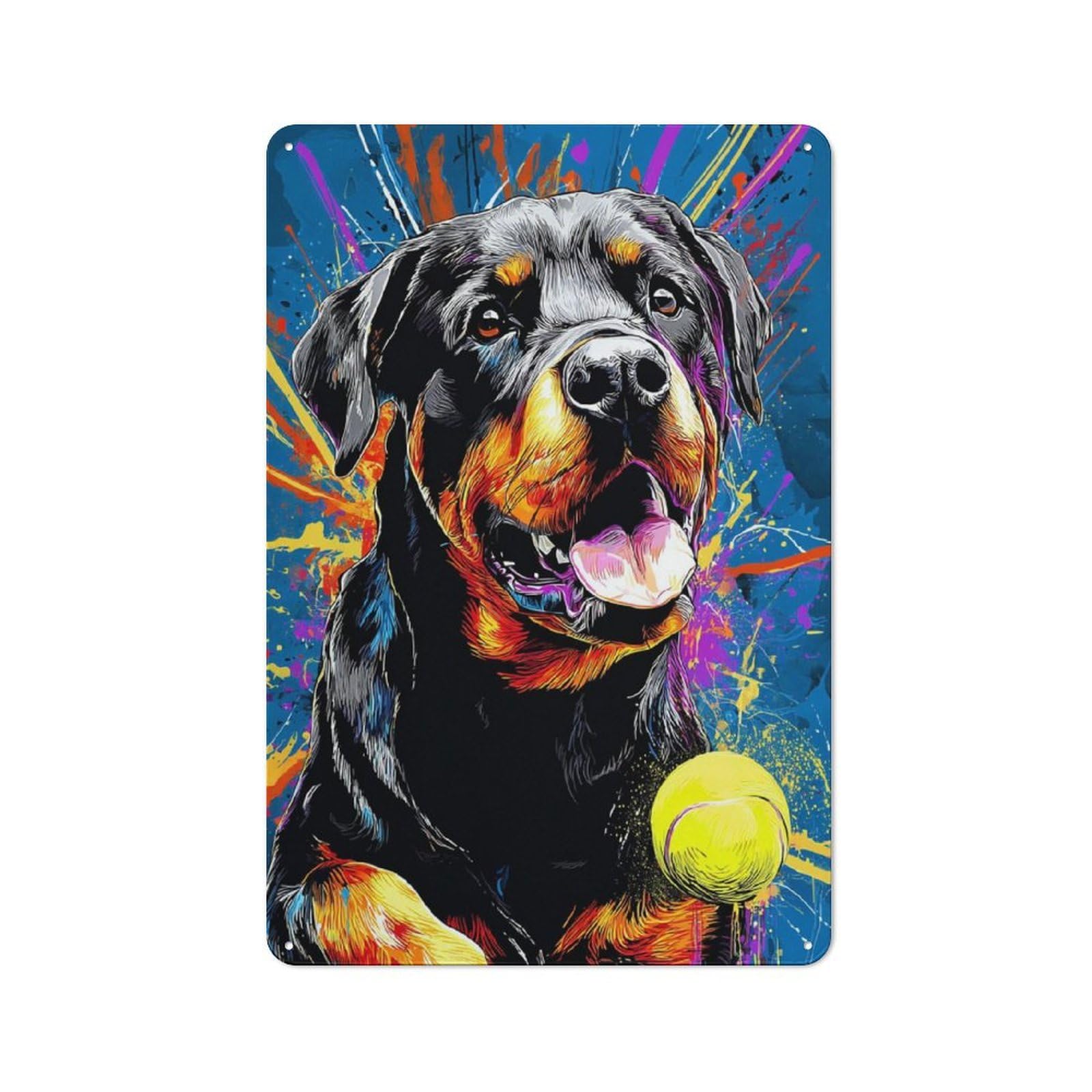 Junmoney Colorful Rottweiler With Tennis Ball Simple Retro Metal Wall Plaque 30X20cm, Creative Space Decor For Office, Study, Studio Or Hallway