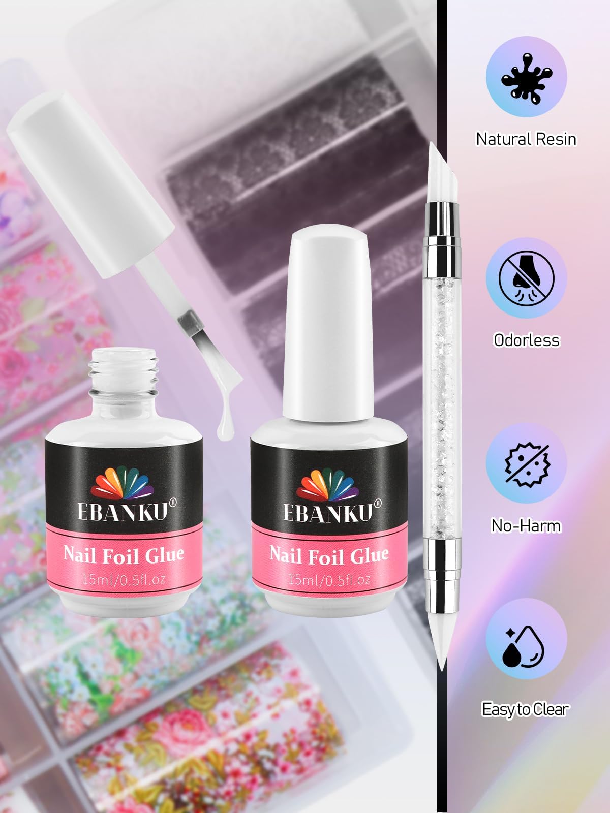 EBANKU Set di colla e gel per nail art, 30 ml di colla per unghie con 80 adesivi transfer a forma di fiore, farfalla e pizzo classico per manicure fai da te o salone, lampada UV LED necessaria