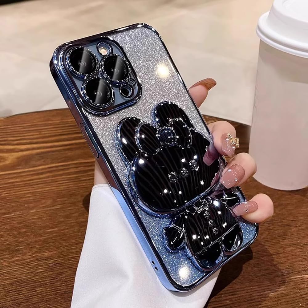 Roemary Mirror Stand Case for iPhone 16,for iPhone 16 with Makeup Mirror Design,Cartoon Folding Bracket Kickstand Phone Case-Blue Cartoon