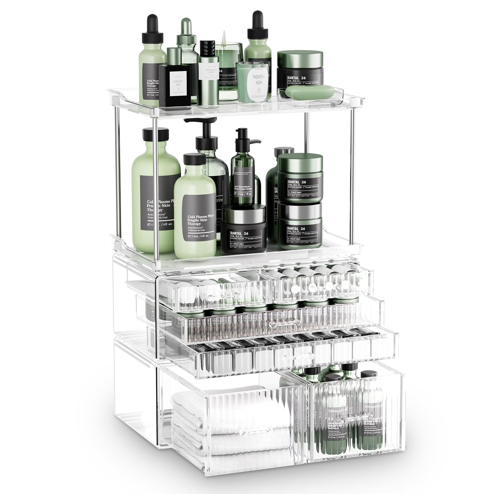 2-Tier 5-Drawer Bathroom Countertop Organizer : Multi-Purpose Makeup Organizer Countertop - Large Skincare Holder Exquisite Vanity Tray - Perfume &