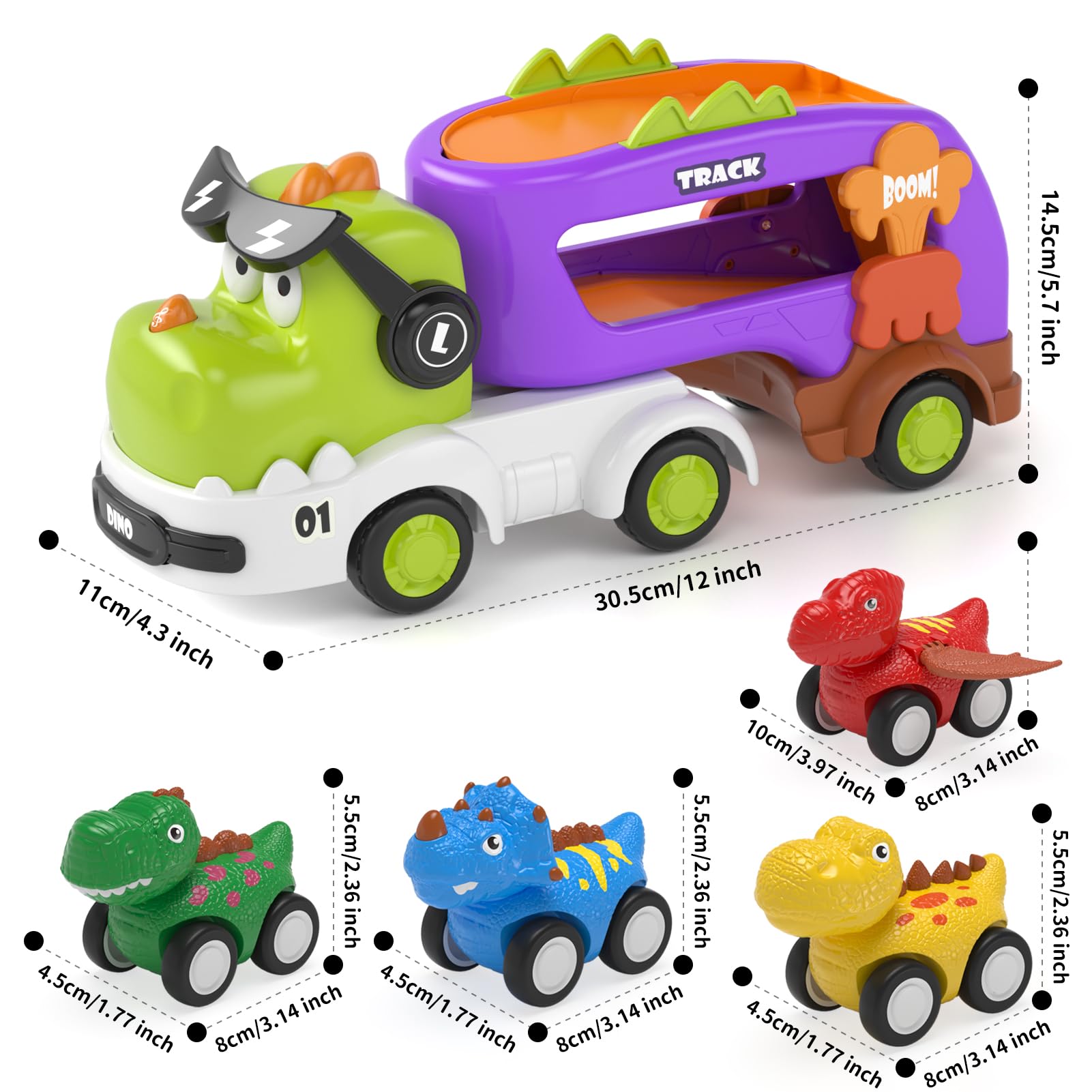 usrela Zabawki z dinozaurami dla chłopców w wieku 3-, 4, 5 lat, prezenty 5 w 1, dinozaur dla dzieci 2-4 z 4 samochodami do ciągnięcia, zabawka dla dzieci w wieku 1-3 lat, prezenty urodzinowe dla