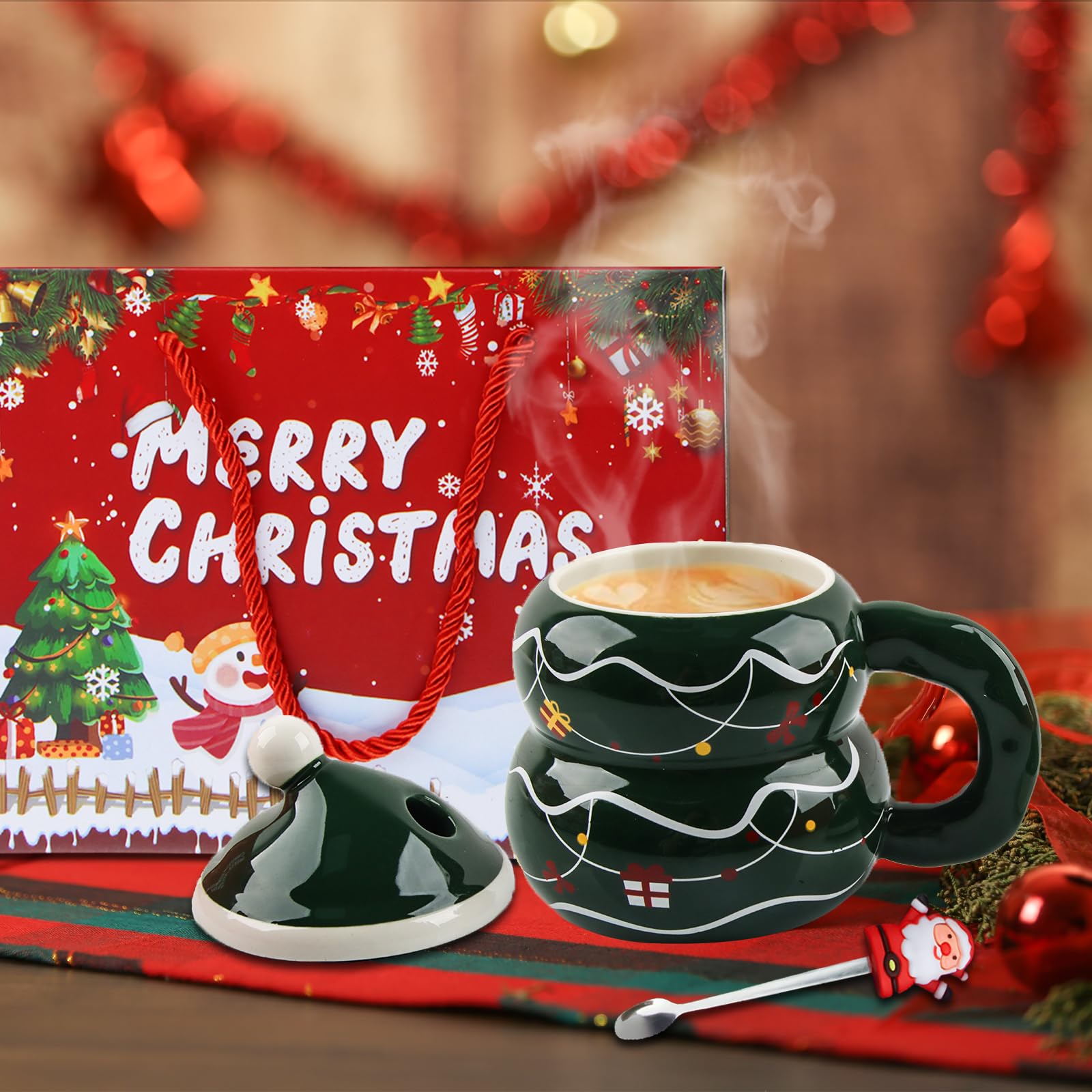 Tazza da caffè natalizia - Pupazzo di neve e albero di Natale, tazza in ceramica fatta a mano - Italia
