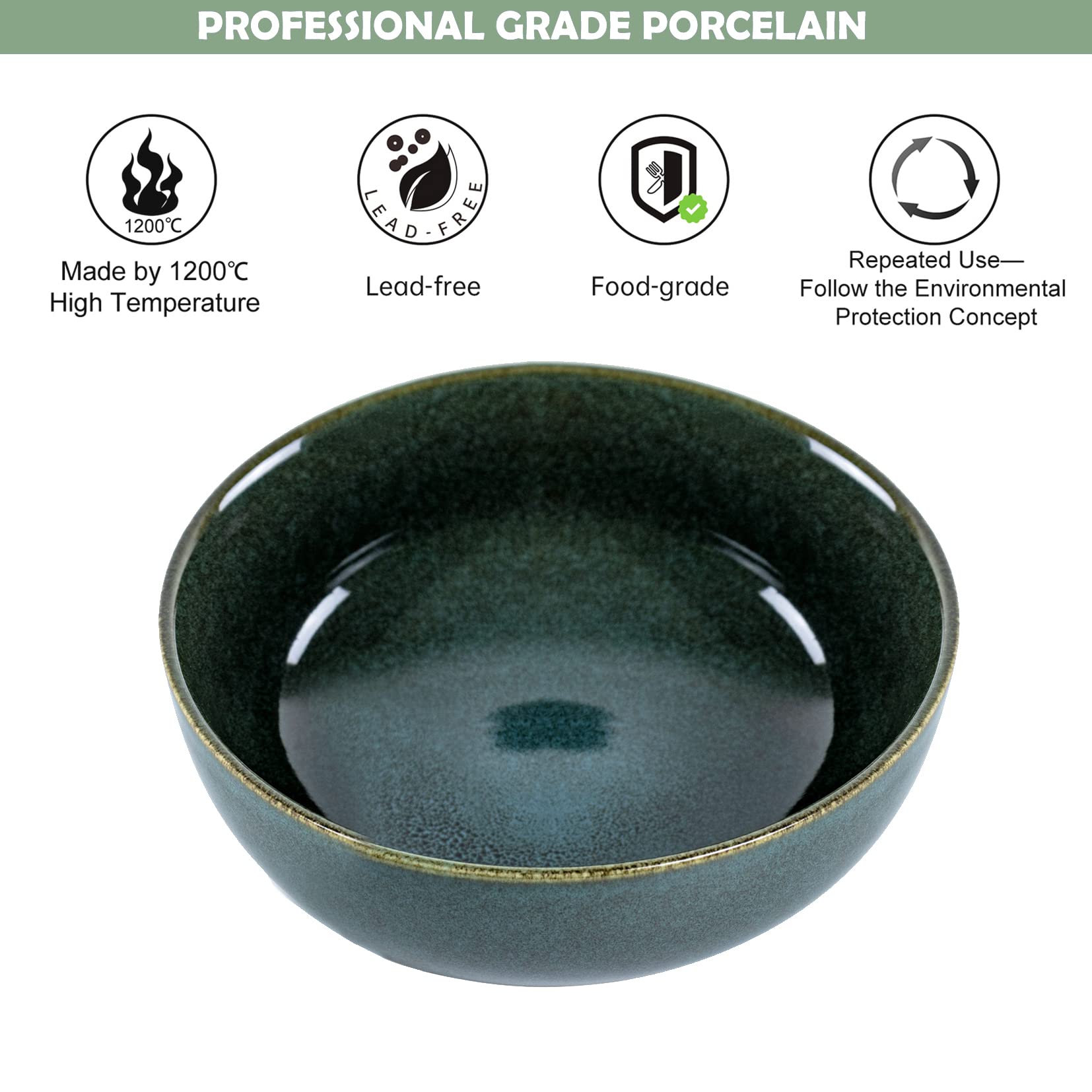 UNICASA Ciotole Insalatiere, Set Scodelle Ceramica 4 Unità, Ciotole da Colazione per CerealiInsalata/Zuppe, Diametro 16 cm Colore Verde, Servizi Combinati Adatto per Lavastoviglie