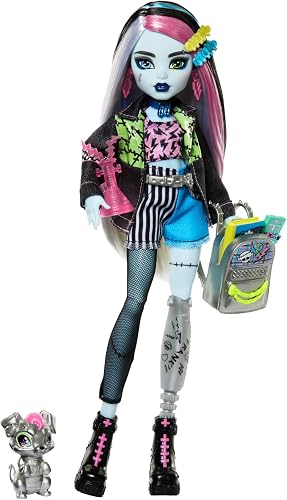 Monster High Frankie Stein Doll in Denim Jacket and Shorts, Includes Pet Dog Watzie and Accessories like a Backpack, Snack and Notebook, HXH73