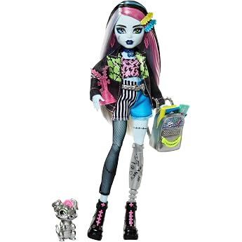 Monster High Frankie Stein Doll in Denim Jacket and Shorts, Also Includes Your Dog Watzie and Accessories such as a Backpack,