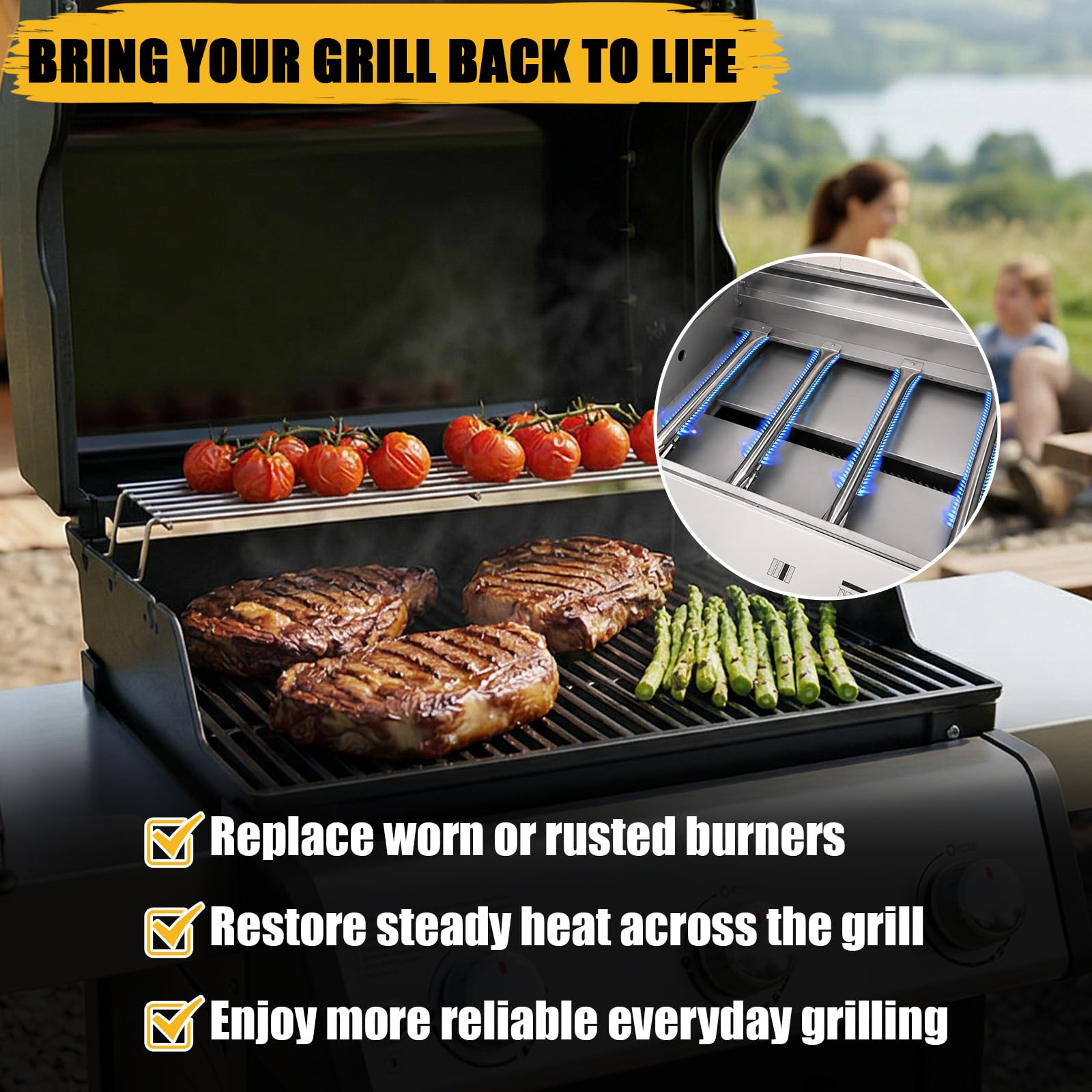 GFTIME Edelstahl Brenner 42 CM Set für BBQ Grillware, Broilmate, Charmglow, Tepro, Master Forge, Flame Rohrbrenner, Gasgrill Ersatzbrenner, Ersatzteile Brennerrohr, Heckbrenner, Verteiler