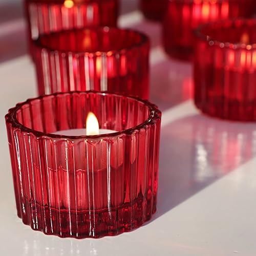 Miniatura 2 de VOHO Portavelas rojos para centro de mesa, juego de 12 portavelas para velas pequeñas, candelabros votivos de vidrio para ella, San Valentín