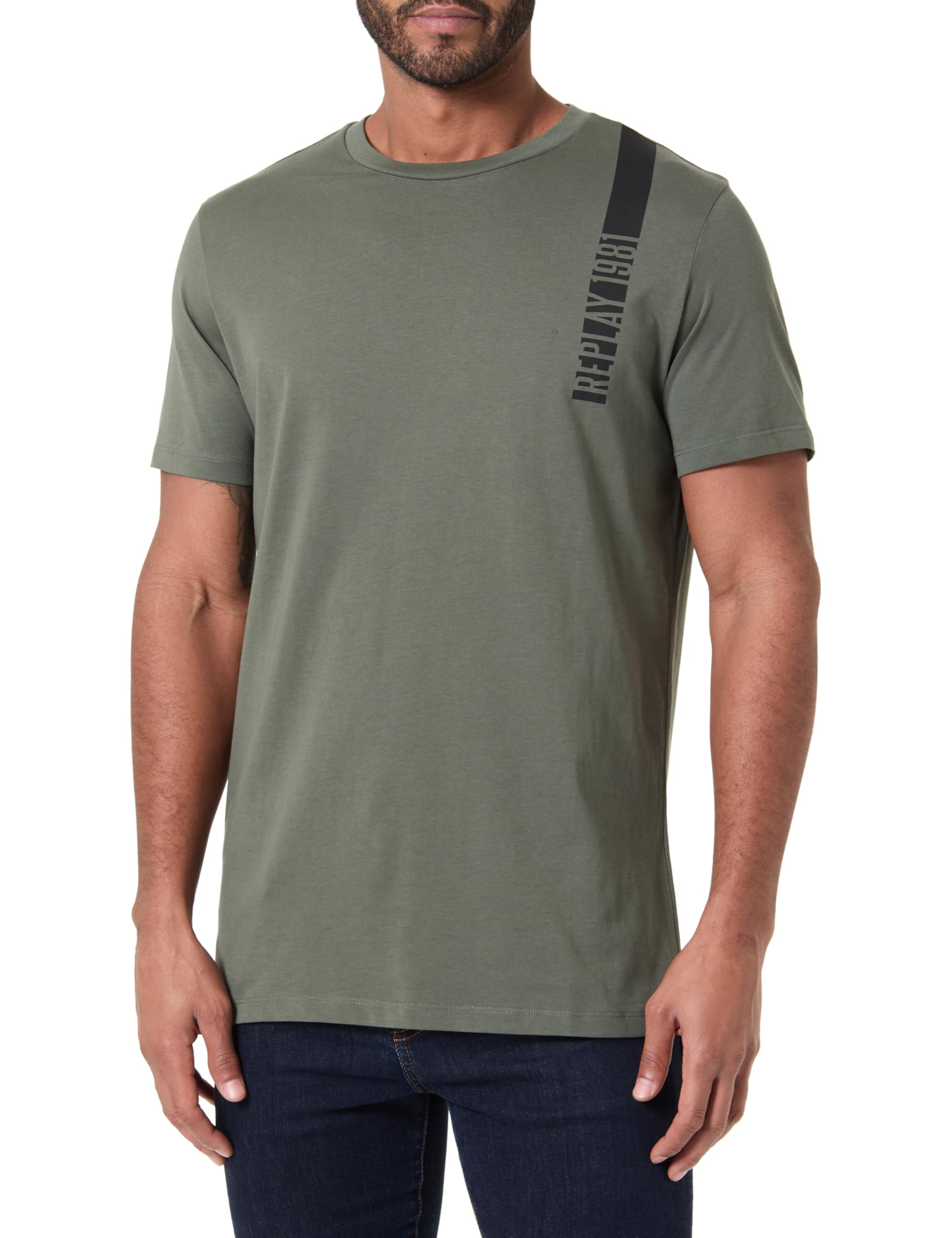 Replay Herren T-Shirt Kurzarm mit Branding, Military 238 (Grün), S