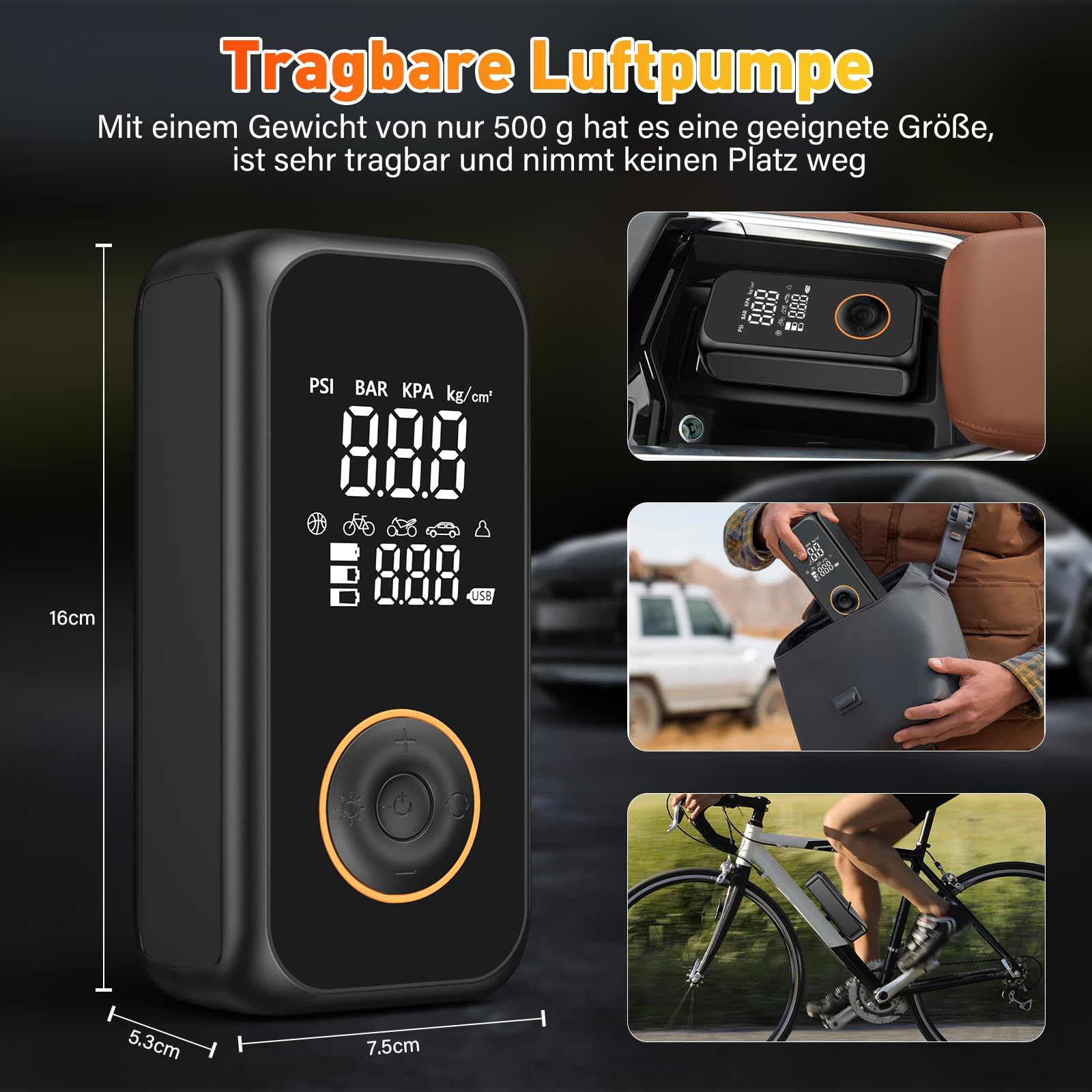 Onherm Compresseur à Air Portatif, 6000mAh Gonfleur Pneus Voiture sans Fil, Electrique Pompe mit écran LCD Numérique,150PSI, Type-C Charge avec Lampe LED pour Voiture, Moto, Vélo, Balle