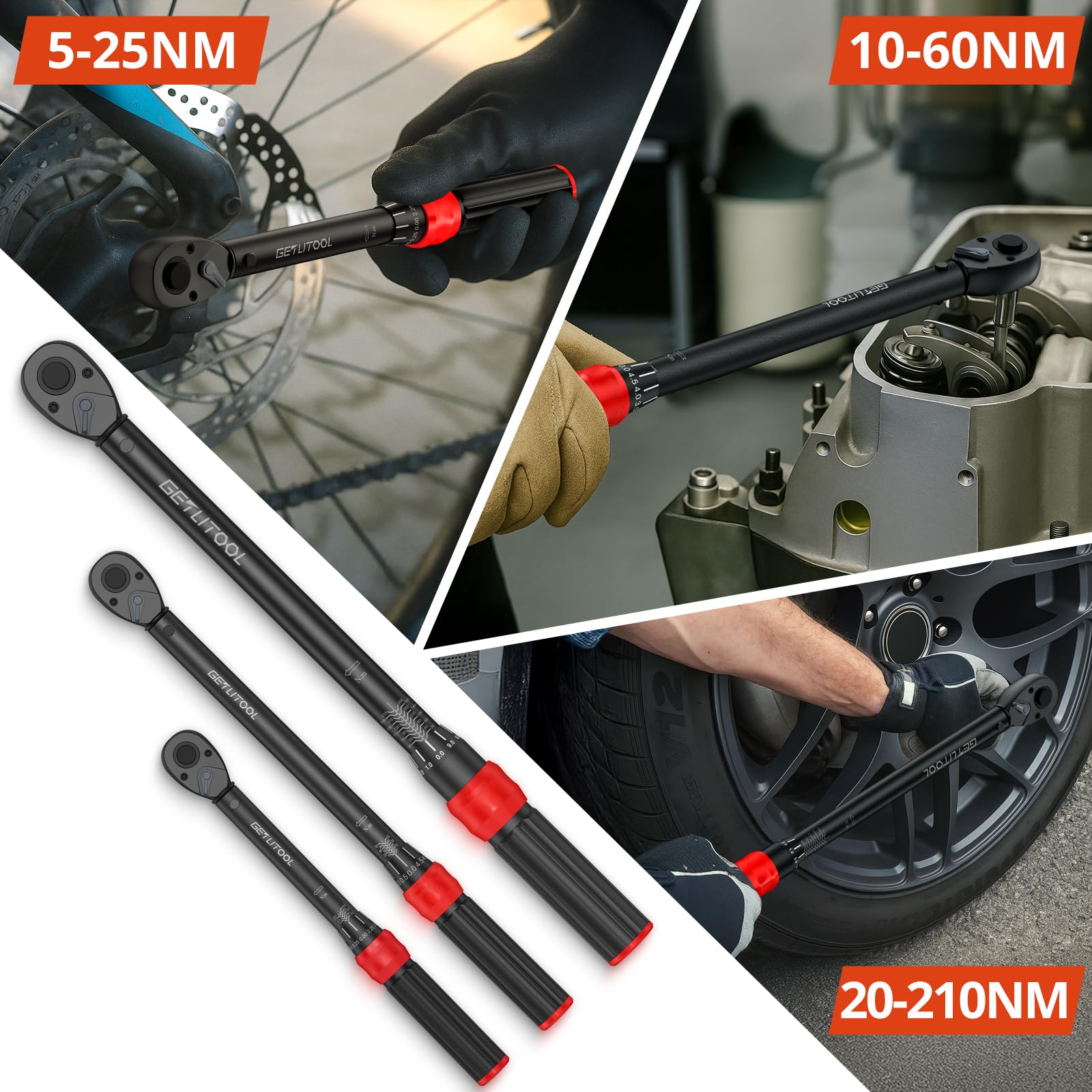 GETLITOOL Set Chiavi Dinamometriche 1/4" 3/8" 1/2", 3 Pezzi con Cricchetto Reversibile 72 Denti in Acciaio Legato, Chiave Dinamometrica per Bici, Moto e Auto, Gamma di Coppia 5-25Nm 10-60Nm 20-210Nm