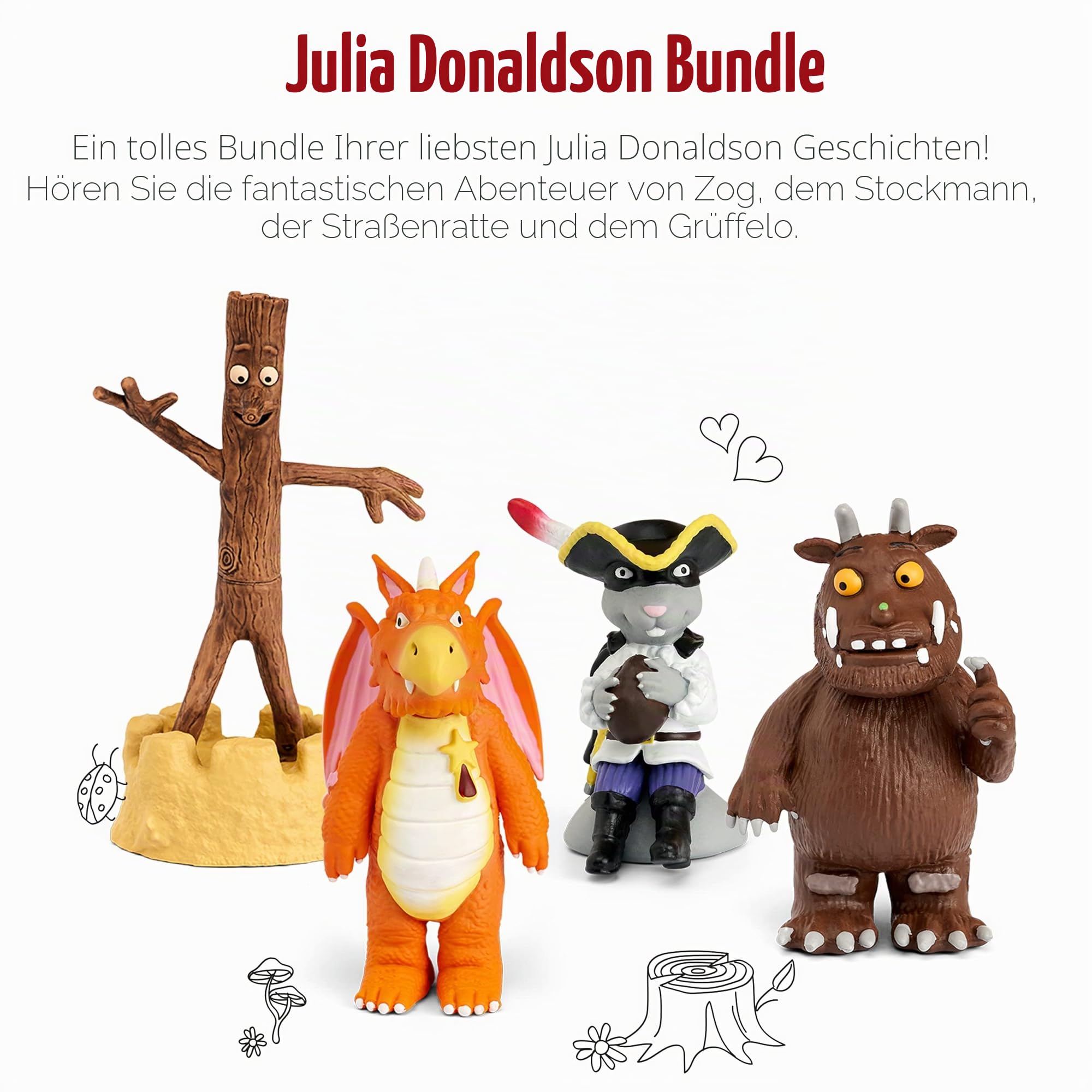 tonies Julia Donaldson Figurine Bundle inkl. 4 Charakteren: Grüffelo, Zog, Highway Rat, Stick Man, Audio Story und Songs für Kinder zur Verwendung mit Toniebox Music Player (separat erhältlich