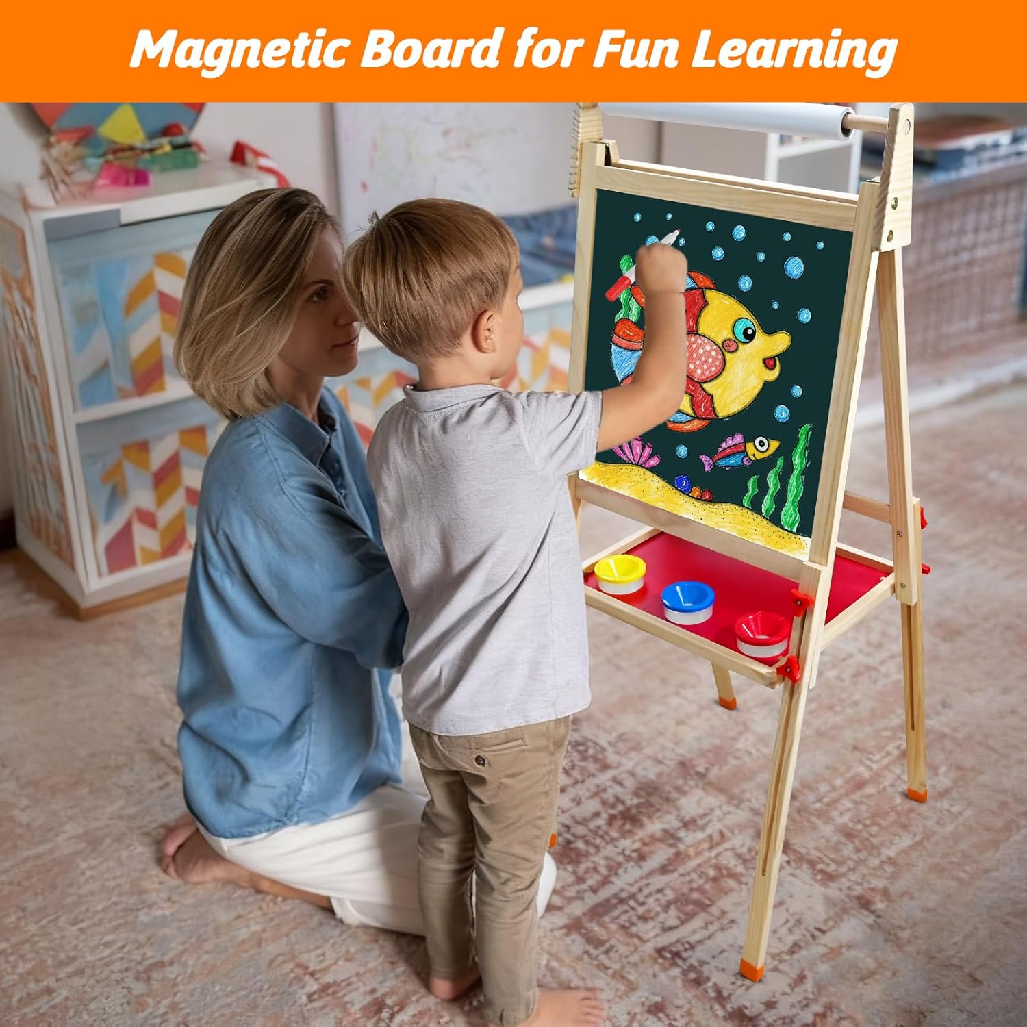 3-in-1 Easel for Kids, Adjustable Wooden Art Easel with Paper Roll, Double-Sided Magnetic Whiteboard & Chalkboard, 100+ Art Accessories for Drawing & Painting, Gift for Boys and Girls Ages 3–8