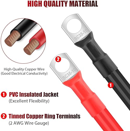 Miniatura 3 de Linkstyle 6 cables de batería 2 AWG, cable de batería automático con terminales de 38 pulgadas, cable de cobre, cables de batería rojos y negros
