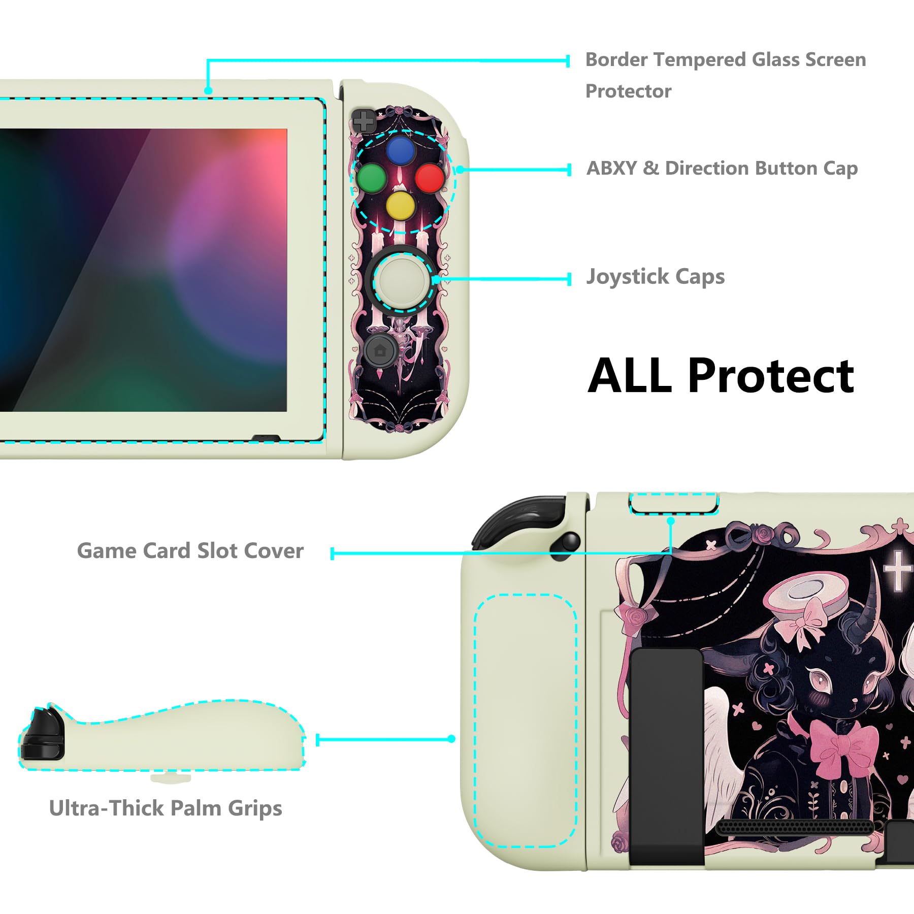 PlayVital Coque pour Switch Protection,Joycon Cover avec Capuchon pour Nintendo Switch et Protecteur d'Écran & ZealProtect Boutons-Mouton Sombre