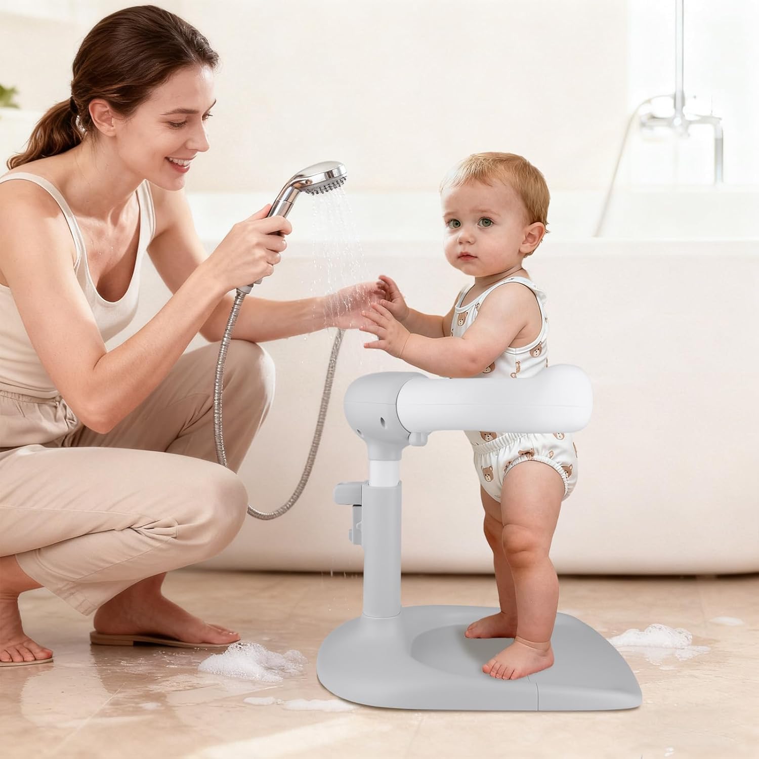 Baby Shower Stand – Adjustable Baby Bath Stand & Toddler Shower Stand, Baby Shower Standing Support for Infants 8–36 Months (Grey)