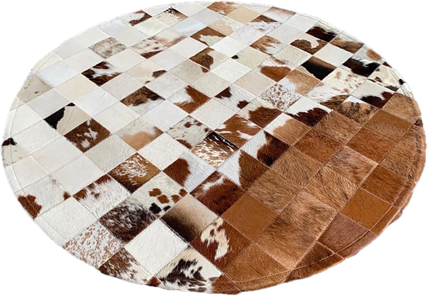 5x5 ft Brown & White Genuine Cowhide Leather Area Rug Square Patchwork Design Round Fade Resistant Non Slip Modern Floor Accent Cow Hairon Indoor Home Décor Carpets Mat for Living Room