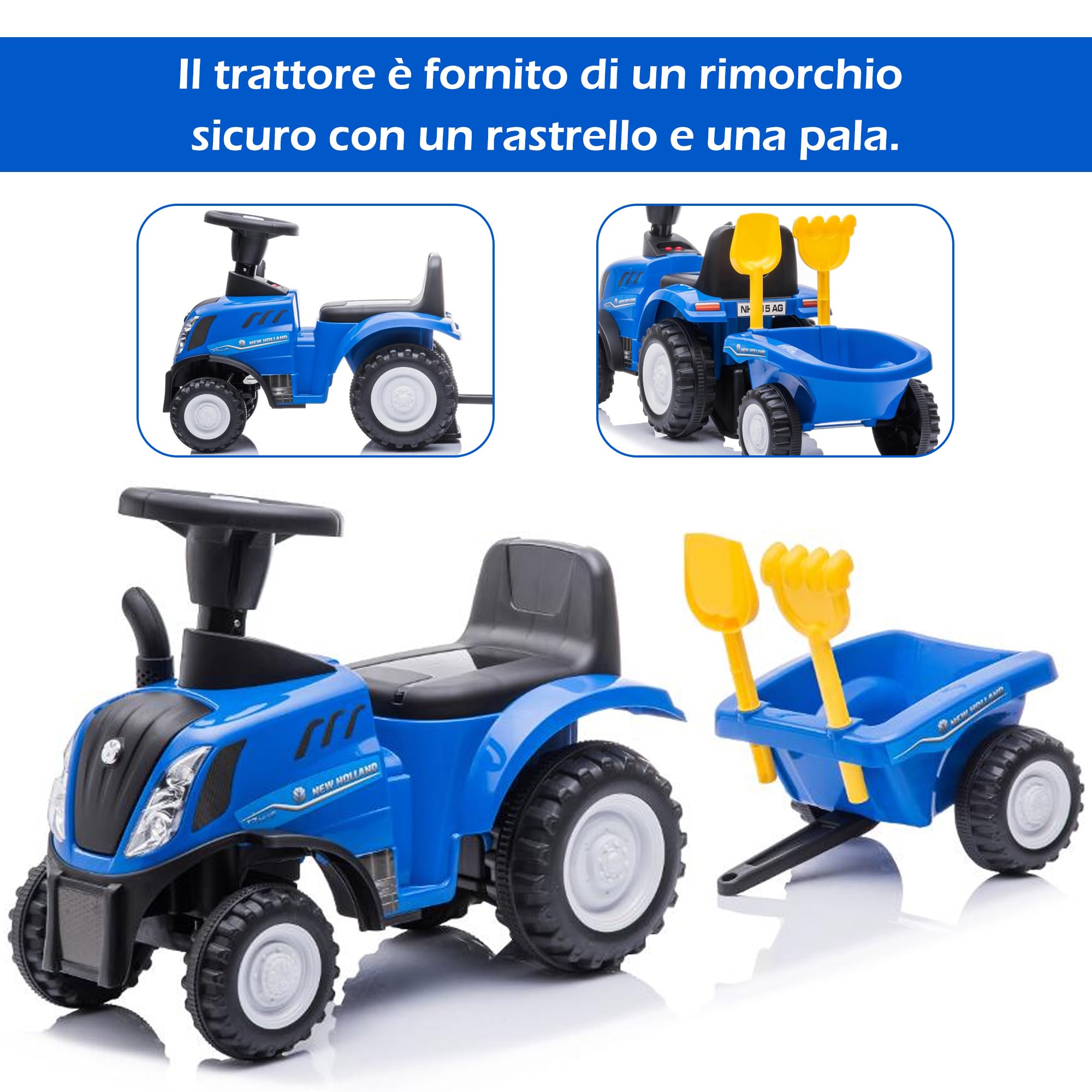 COIL Traktor New Holland samochód z przyczepą, licencjonowany wózek spacerowy z szuflą, wysokiej jakości zabawka z tworzywa sztucznego, do siedzenia na górze, niebieski