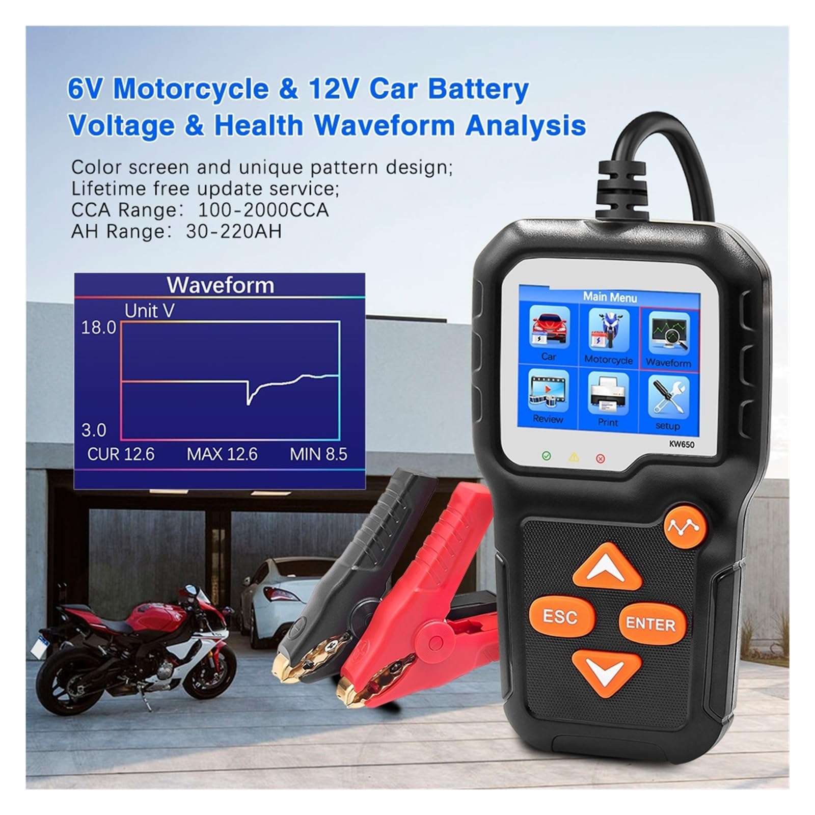 KW650 Tester akumulatora samochodowego motocyklowego 12 V 6 V Analizator akumulatora 2000CCA Układ rozruchowy ładowania Szybkie narzędzie we do pojazdu