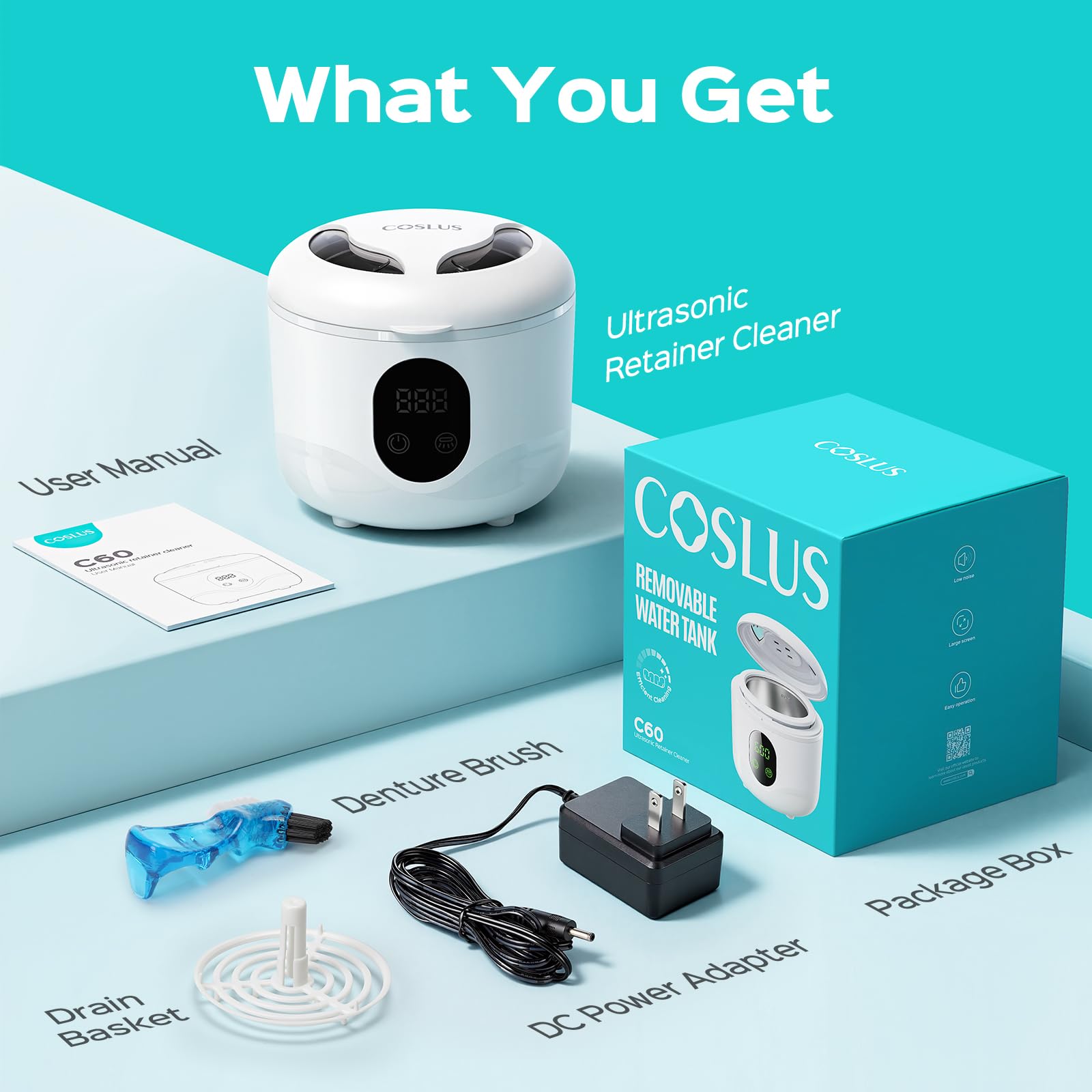 COSLUS Máquina limpiadora ultrasónica C60 de retenedor: cápsula de limpieza dental profesional de 45 kHz para prótesis, protector bucal, alineador y aparatos ortopédicos, limpieza profunda, tanque