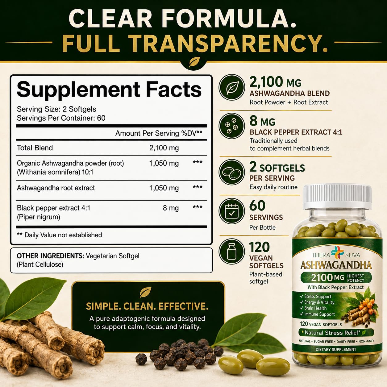 TheraSuva High Potency Ashwagandha 2100mg Supplement, 120 Veggie Softgels — Amazon image 5
