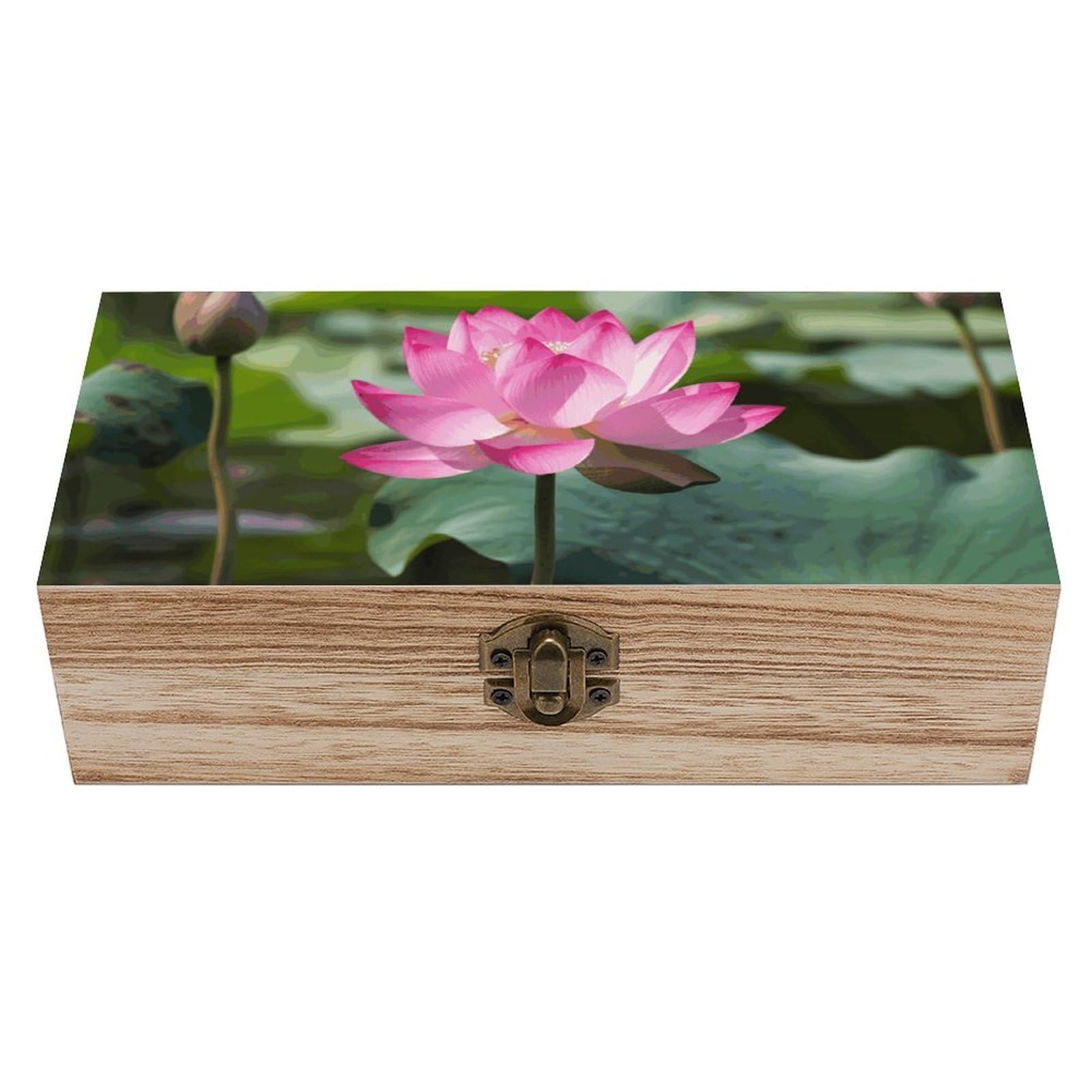 LZQPOEAS Pink Lotu Flowers Wooden Storage Box Small Decorative Box with Hinged Lid Handmade Elegant Keepsake Storage Box for Jewelry, Photos, Trinkets, Letter Gifts, Small Heirlooms